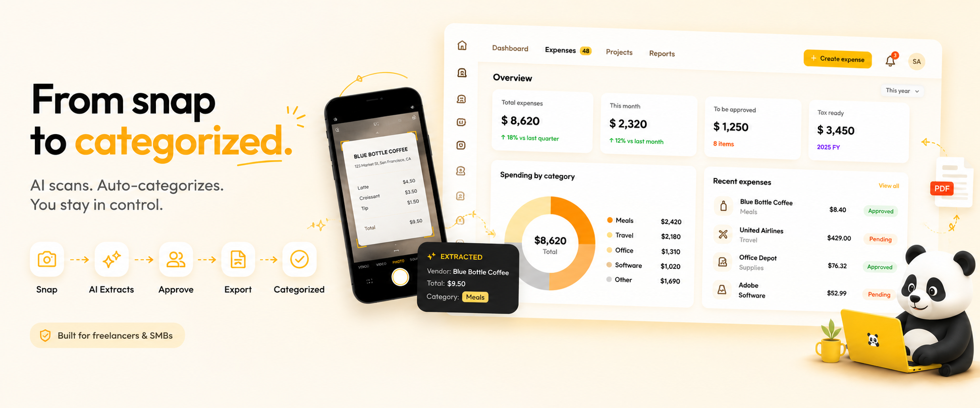 ReceiptPanda dashboard — phone scanning a receipt with AI extraction and expense dashboard